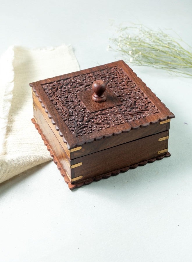 JUNSU CRAFT RA Junsu Craft Sheesham & Teak Wood Dry Fruit/Spice Box | 4 Partitions | Handmade Showpiece Box | Hand Carving Decorative Gift Boxes | Carved Lid | Square Shape | Size 19.5 x 8 cm - Image 4